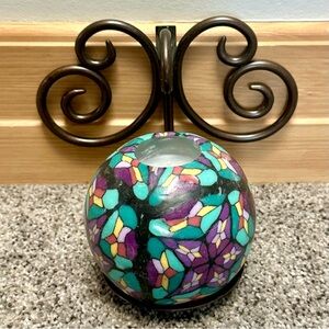 Round Mosaic Patterned Candle w/ Black Wrought Iron Scroll Wall Decor